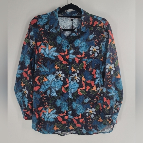 The Kit. Blue w/ Orange Floral Button Down Long Sleeve Zoe Shirt new Size M - Picture 1 of 5